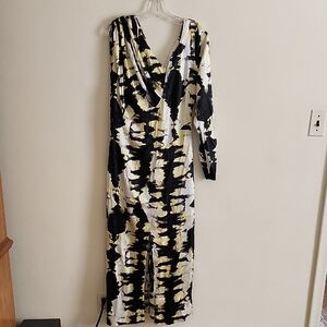 Ganni Black Off White Yellow Abstract Silk Maxi Dress Asymmetrical One Shoulder